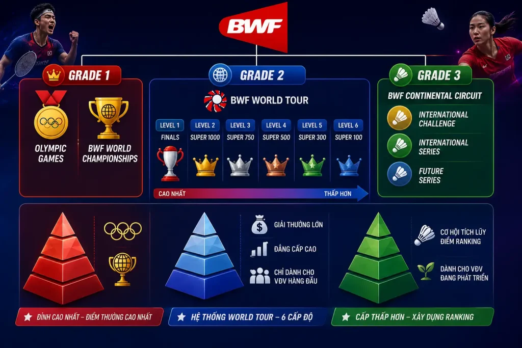 BWF chia tất cả các giải đấu thành 3 hạng lớn (Grade), trong đó mỗi hạng lại chia thành các cấp độ nhỏ