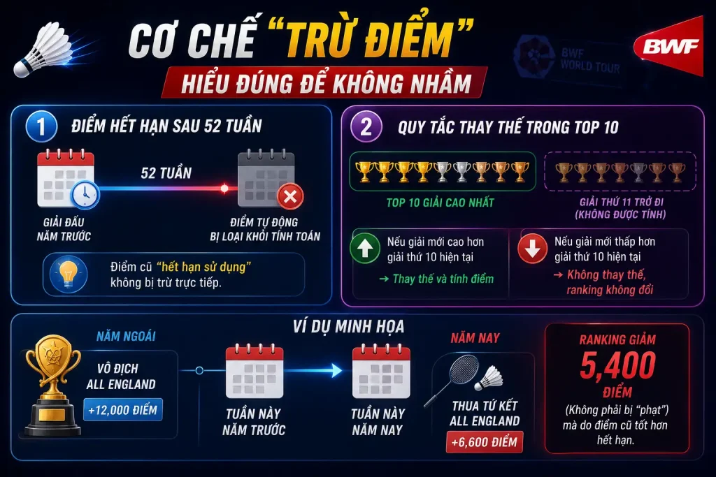 Điểm ranking được tính từ kết quả tốt nhất trong 52 tuần, với tối đa 2 giải Super 100 được tính vào top 10. Đây là giới hạn để tránh tình trạng tay vợt "ăn điểm" từ các giải nhỏ không cạnh tranh.